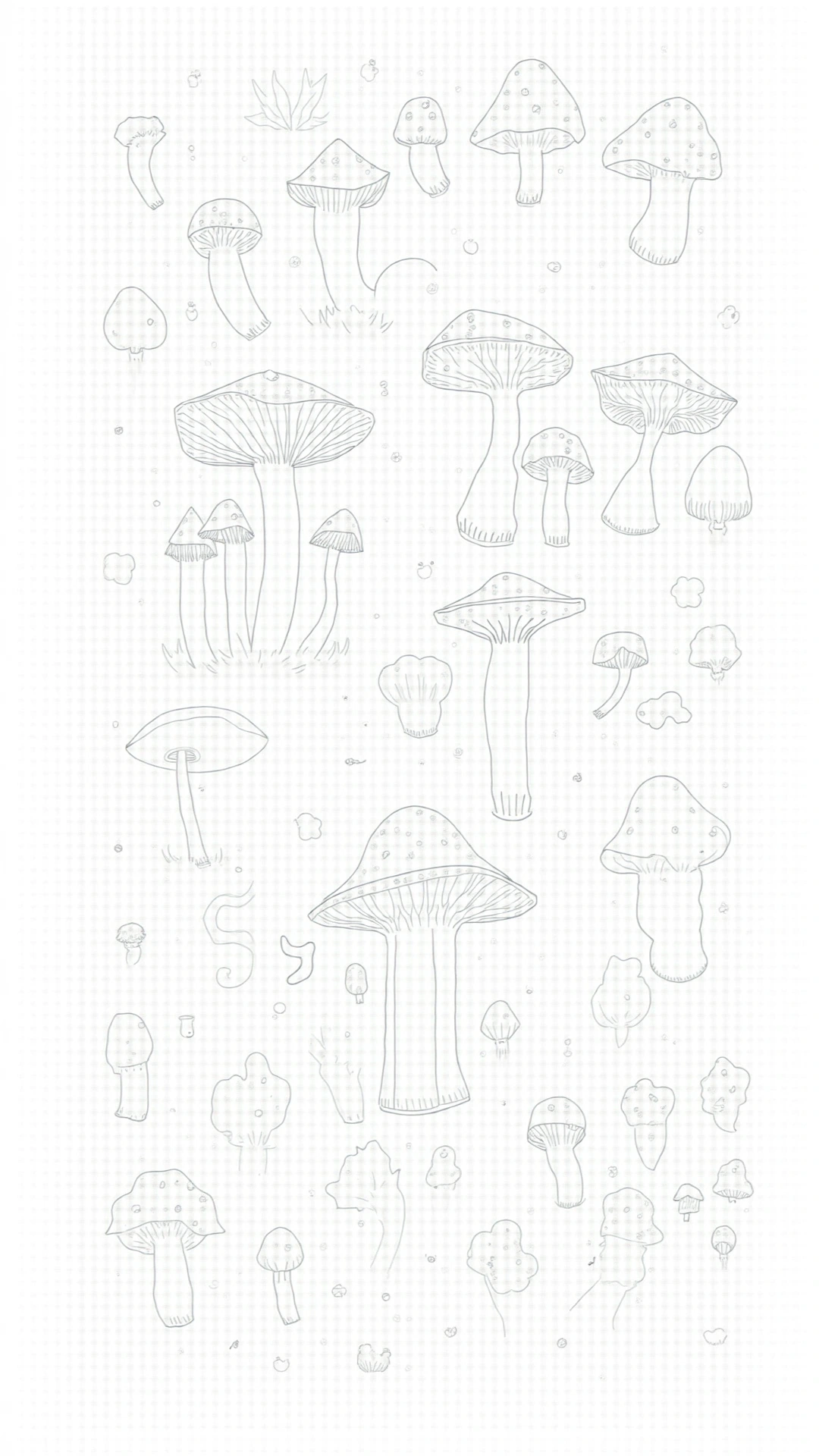 Line-drawing mushroom forest coloring sheet featuring multiple whimsical fungi sketches on a light grid background ideal detailed coloring page and kids' coloring page. Use as a printable coloring