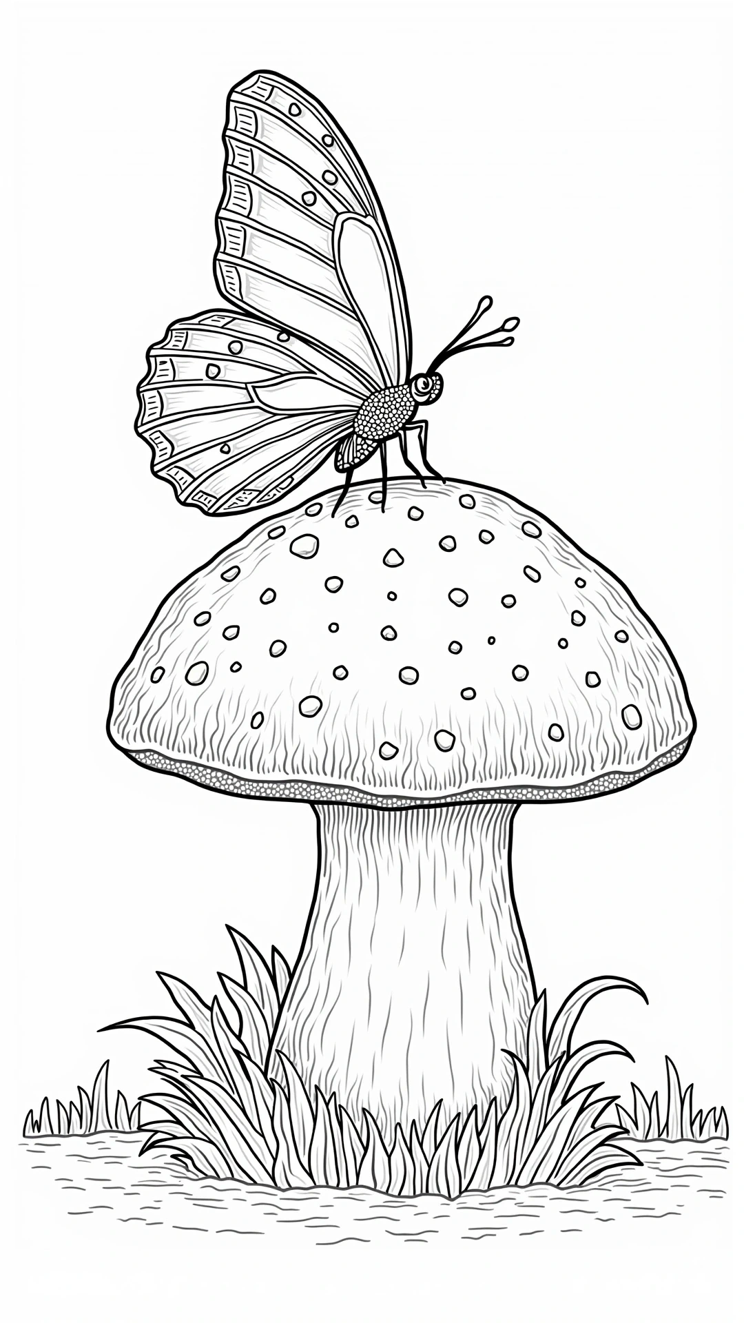 Black-and-white butterfly perched on a spotted mushroom line art for printable coloring page, detailed coloring page, kids' coloring page and coloring sheets.