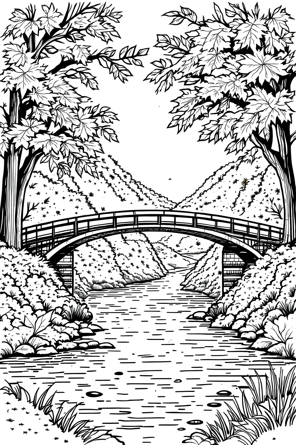 Black-and-white nature scene coloring page showing a bridge over a river framed by trees and hills detailed coloring page, kids' coloring page, printable coloring page and coloring sheets for spring