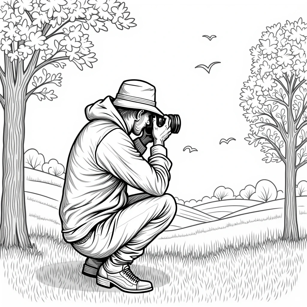 Black-and-white detailed outdoor scene of a person crouched photographing birds between two trees great detailed coloring page, kids' coloring page, printable coloring page and coloring sheets.