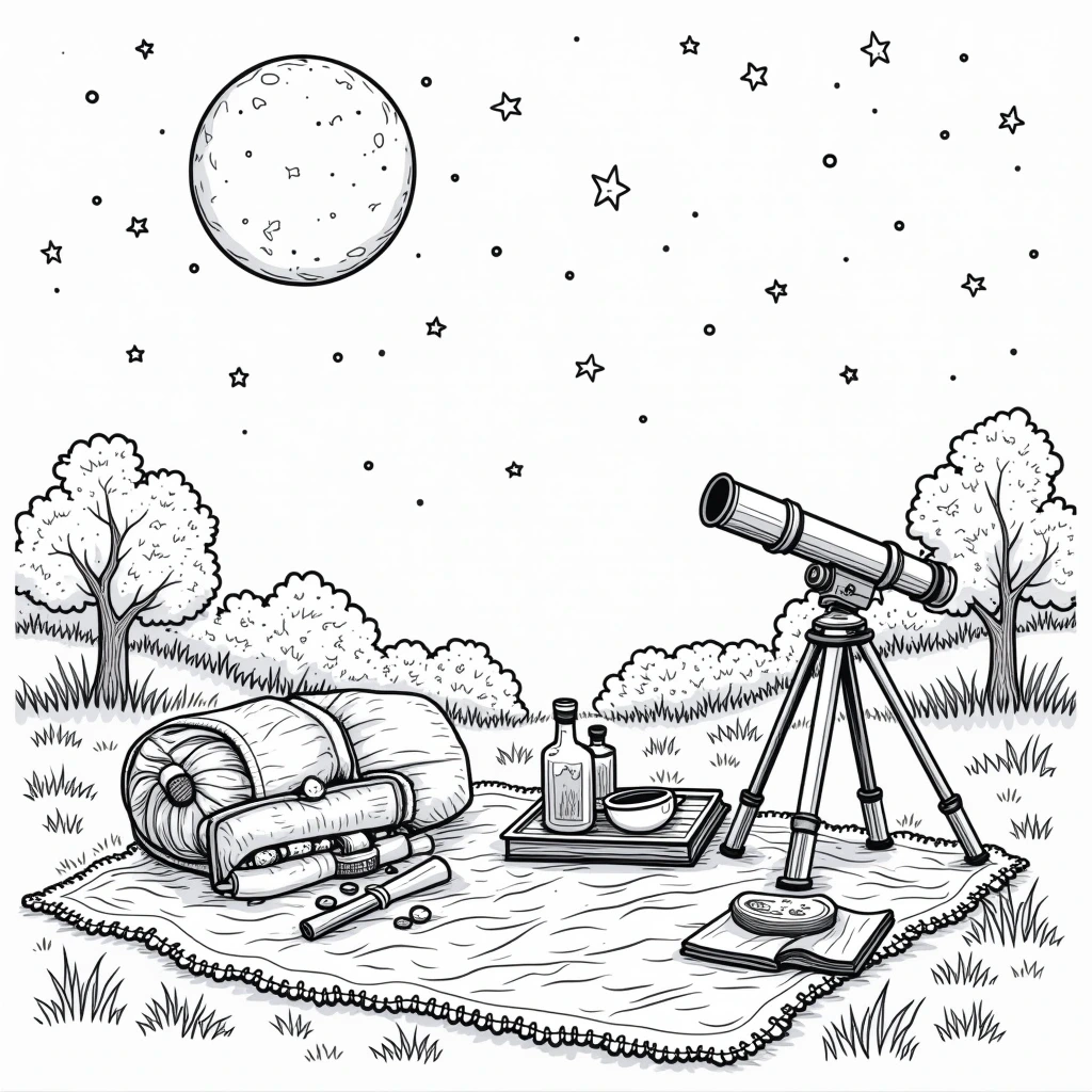 Black-and-white printable night picnic scene with telescope, moon, stars, trees and blanket detailed coloring page, kids' coloring page, printable coloring page, coloring sheets for stargazing and