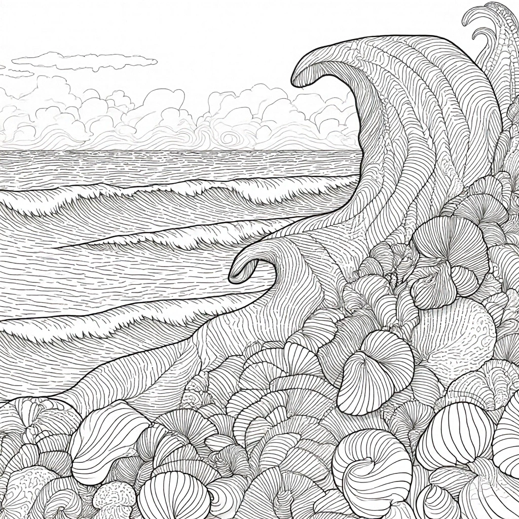 Highly detailed black-and-white coloring page of a large ocean wave curling toward a beach covered in seashells with clouds on the horizon; mandala-style linework. Great for detailed coloring page