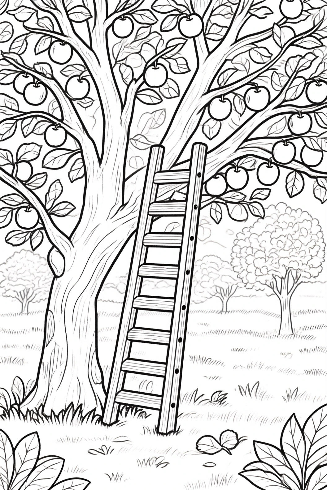 Black-and-white apple tree orchard with a ladder leaning against the trunk, ready for picking. Detailed coloring page style with many small leaves and apples ideal kids' coloring page, printable