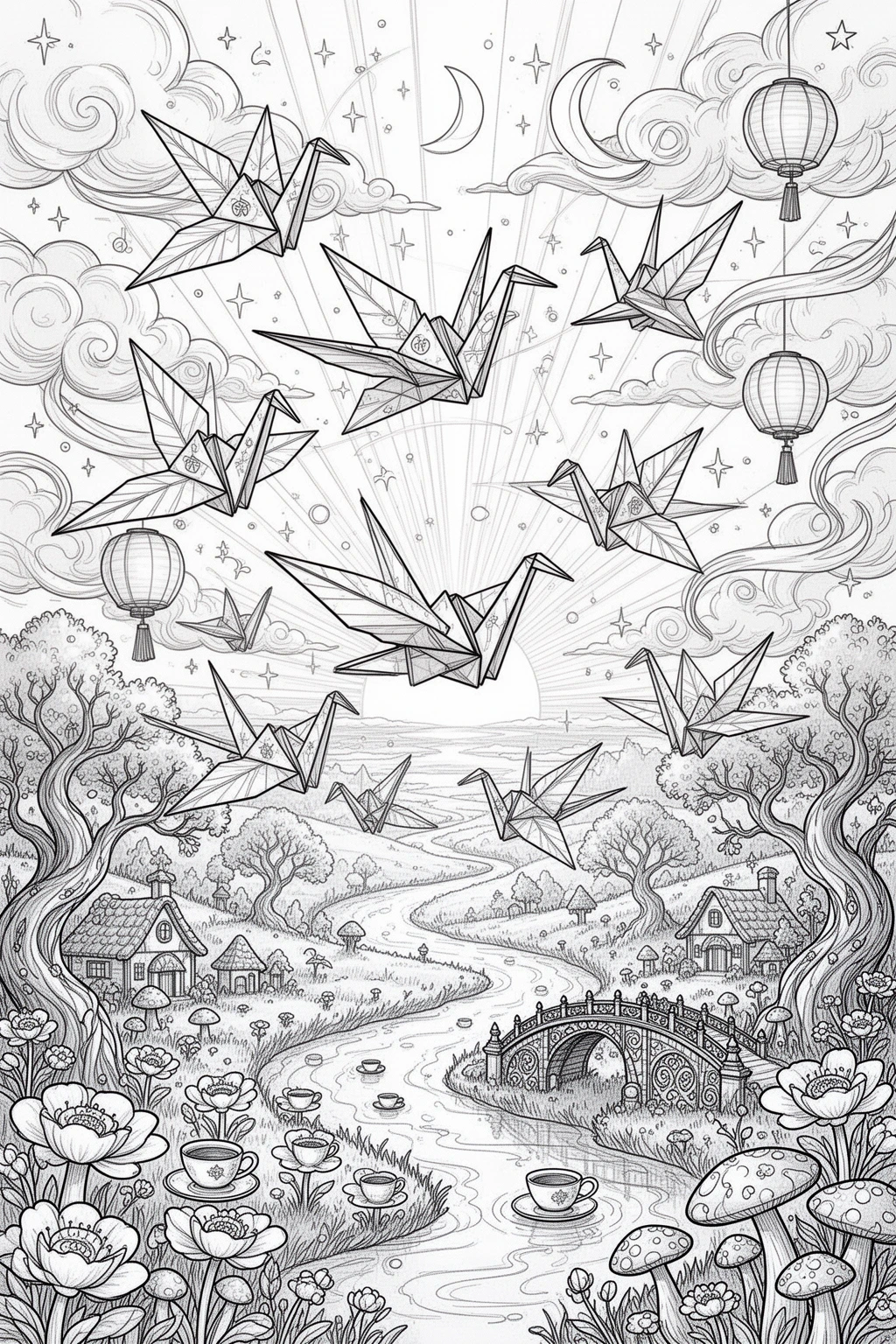 Enchanted Origami Crane Flock at Sunset | coloring page.