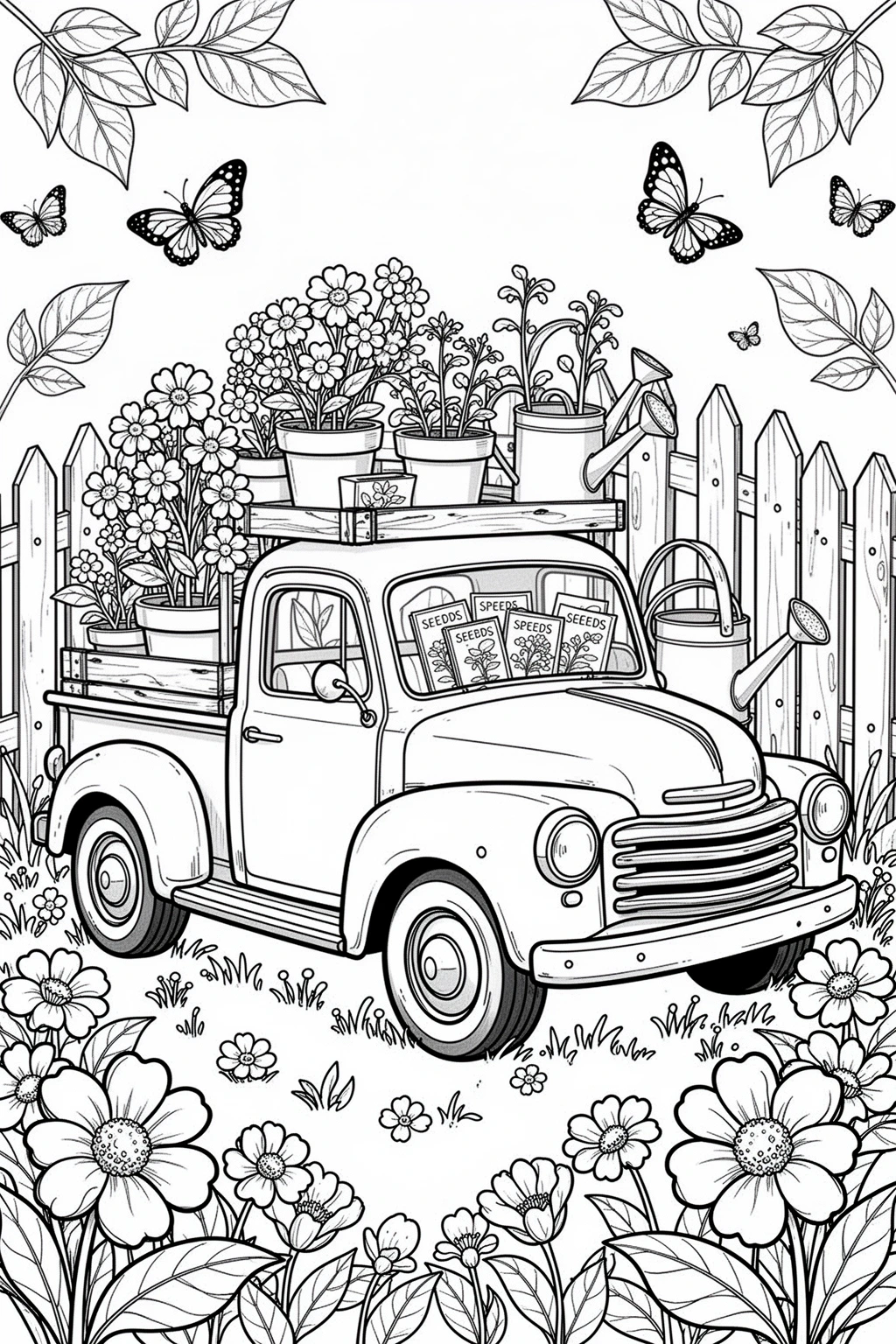 Detailed coloring page of a pickup truck loaded with flower pots, seedlings, and garden tools.
