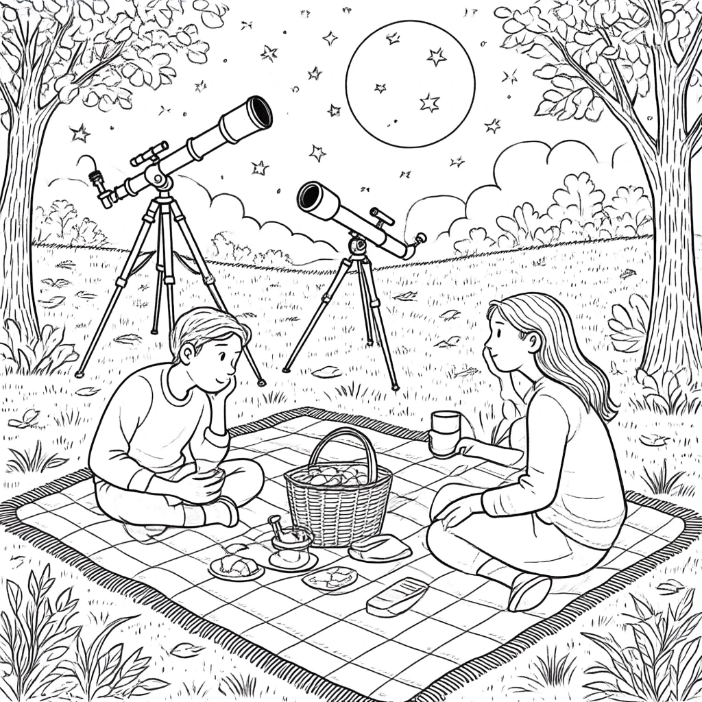 Black-and-white picnic stargazing scene with two people sitting on a blanket, telescopes pointed at the moon and stars detailed coloring page, kids' coloring page, printable coloring page, coloring