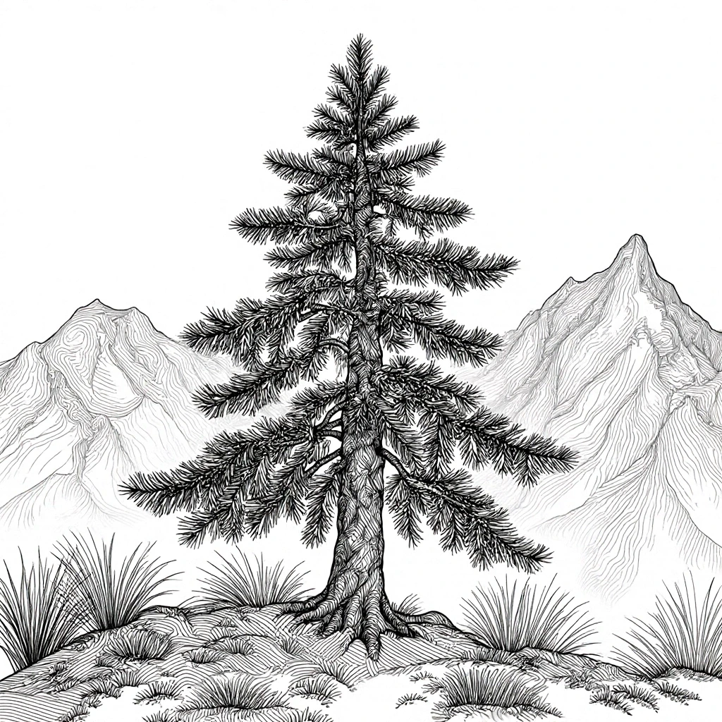 Black-and-white pine tree and mountain scene coloring page a detailed coloring page ideal for kids' coloring page and an adult printable coloring page; great printable coloring sheets and coloring