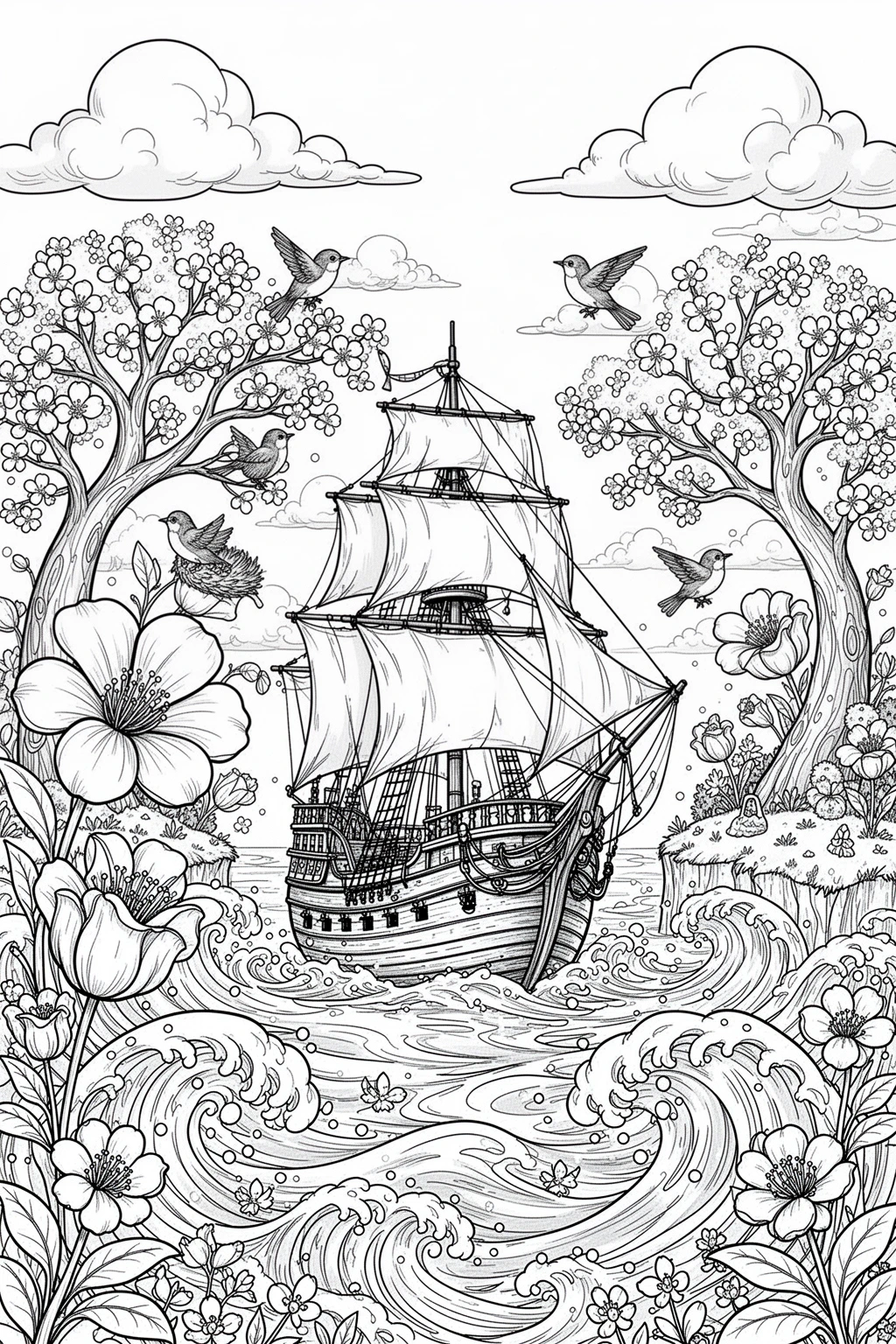 Black and white pirate ship spring island coloring page.