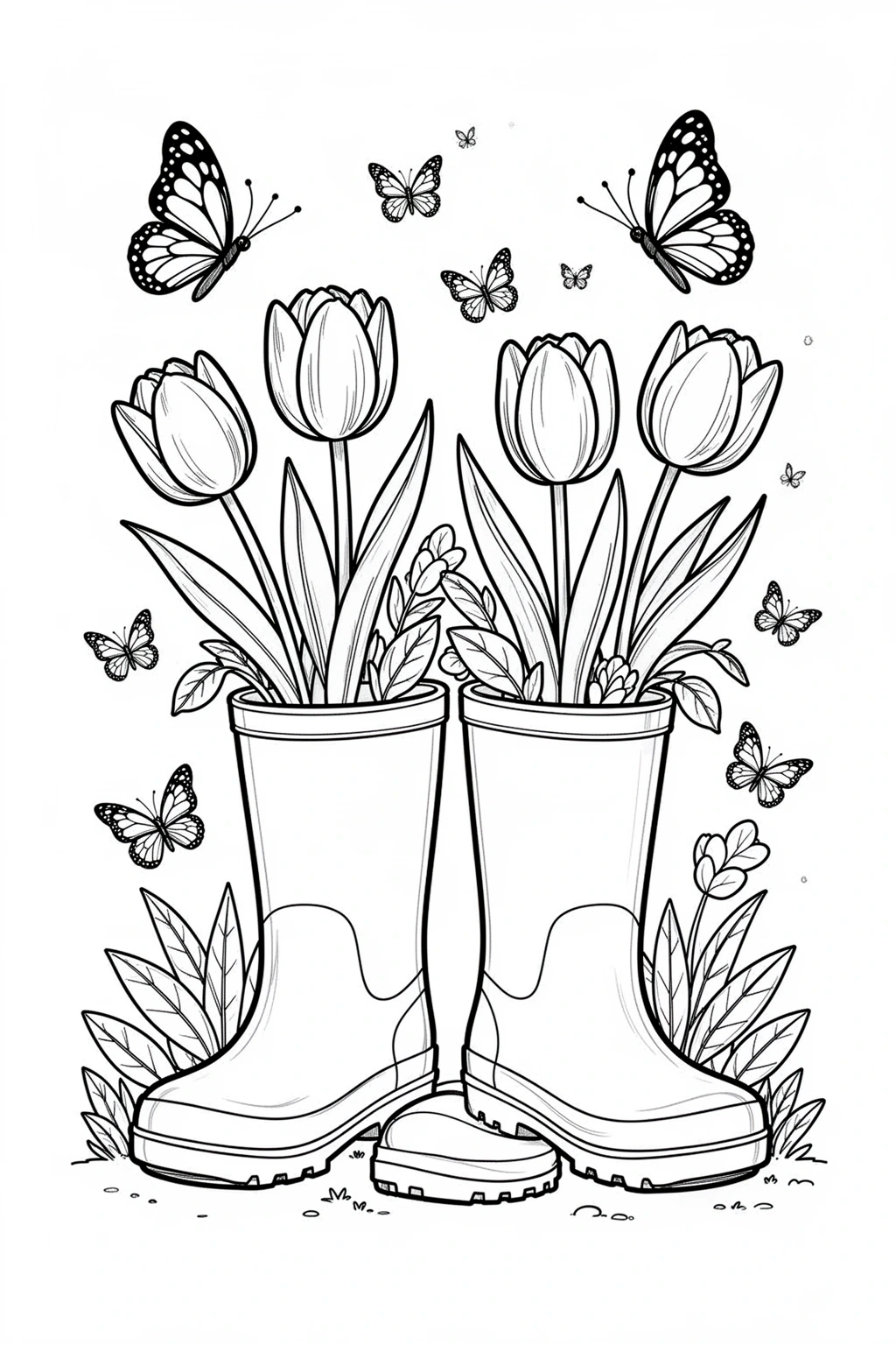 Black-and-white coloring page of rain boots butterfly garden coloring page.