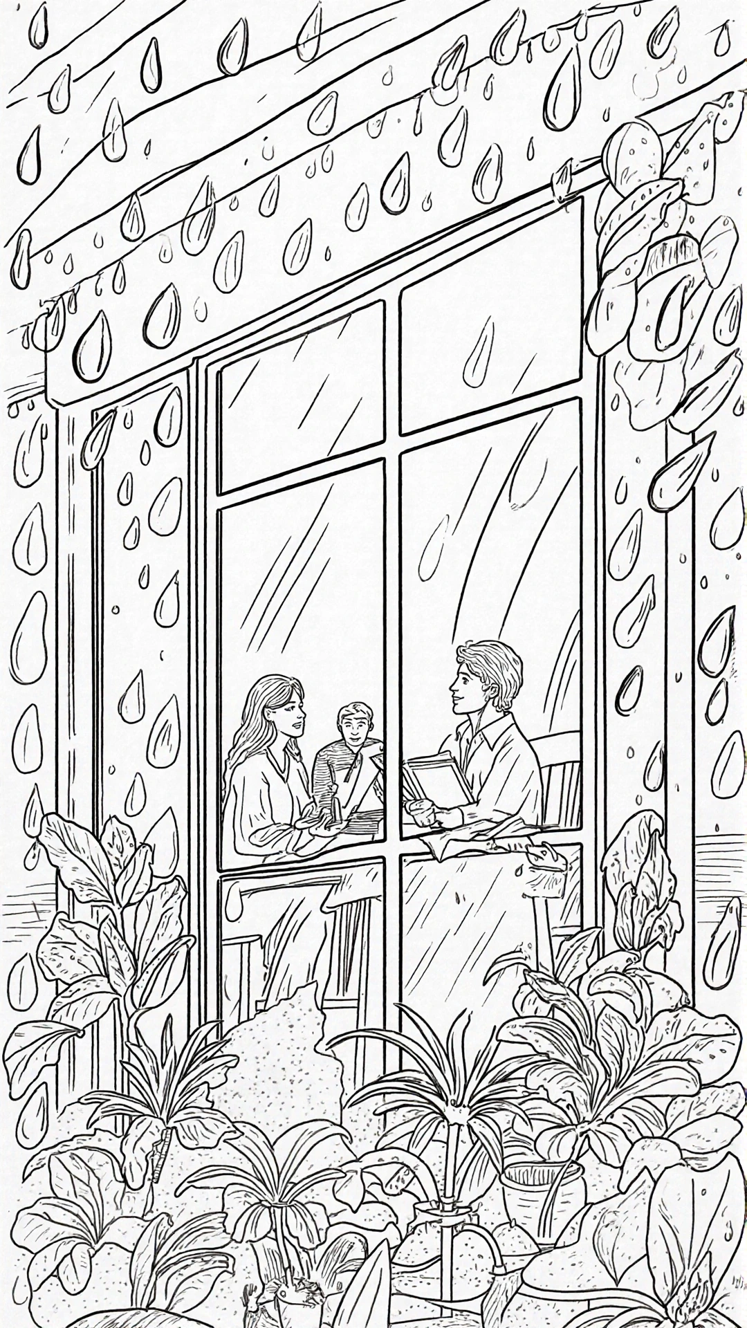 Black-and-white detailed coloring page of a rainy window scene showing people inside reading with plants outside; kids' coloring page and printable coloring page style coloring sheets with many