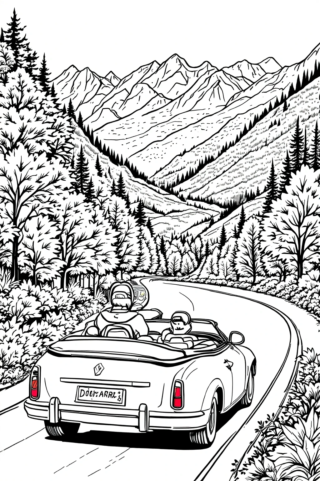 Black and white mountain road trip coloring page showing people in a convertible driving through trees and peaks detailed coloring page, kids' coloring page, printable coloring page, coloring sheets