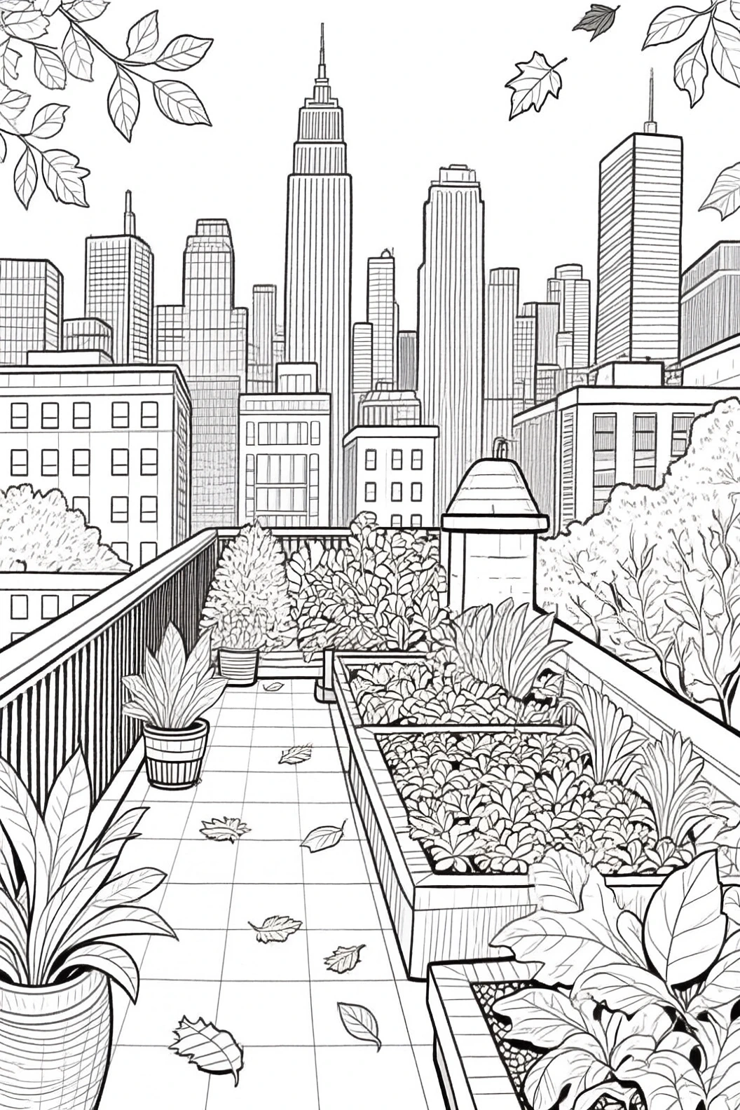 Black and white line art rooftop garden with potted plants, planter boxes and city skyline in the background a detailed coloring page scene suitable for kids' coloring page, printable coloring page.