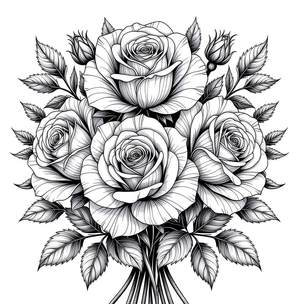 Black-and-white detailed rose bouquet line art for printable coloring page high-detail coloring sheet suitable for detailed coloring page, kids' coloring page and printable coloring page collections.