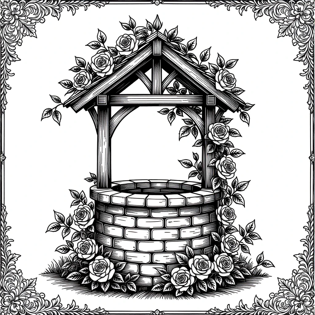 Black and white rose-covered wishing well line art printable coloring sheet featuring detailed coloring page, kids' coloring page, printable coloring page and coloring sheets for spring and summer.