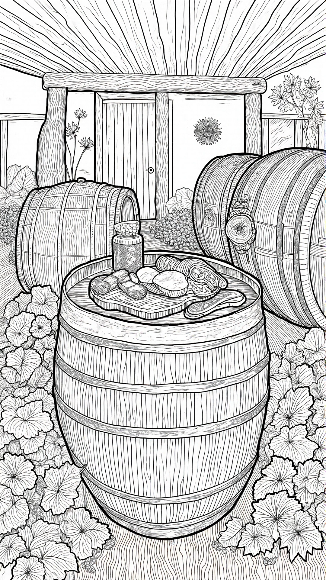 Black-and-white line art of rustic wooden barrels, a round top with cheese and bread, surrounded by flowers detailed coloring page, kids' coloring page, printable coloring page and coloring sheets for