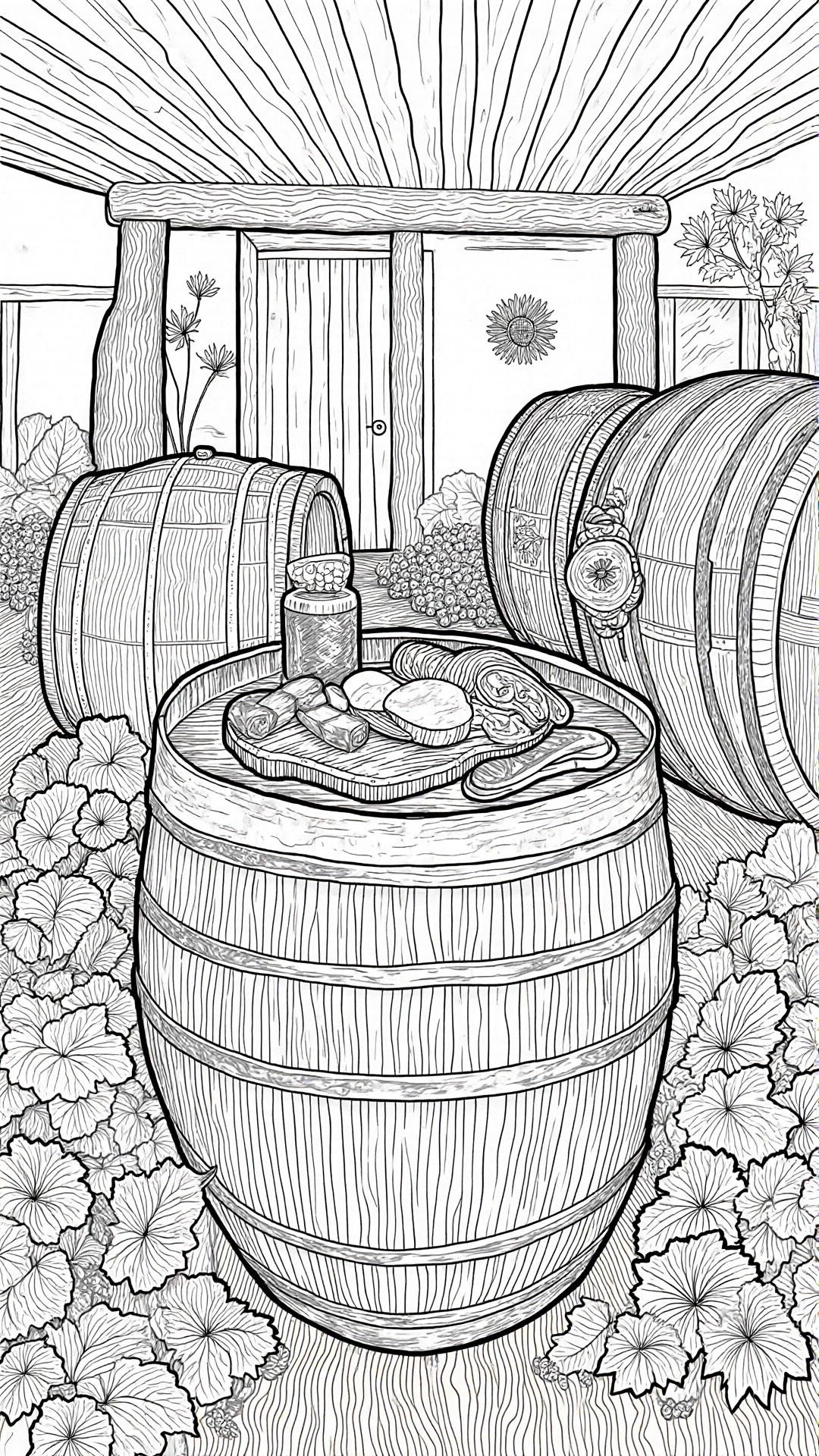 Black-and-white line art coloring page of a rustic vineyard courtyard with large wooden barrels, grapes, flowers, and a charcuterie board on a barrel; ideal for detailed coloring page lovers and kids'