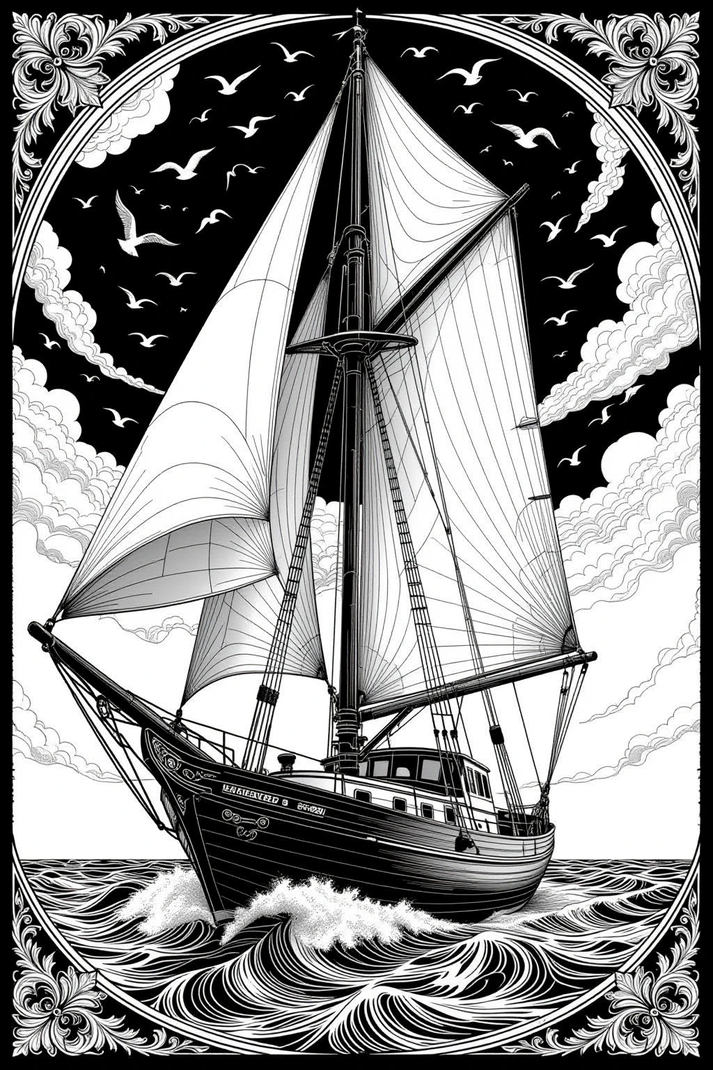 Intricate sailing ship coloring page with tall sails, seagulls and ornate border a detailed coloring page design for printable coloring page and kids' coloring page; perfect coloring sheets for summer