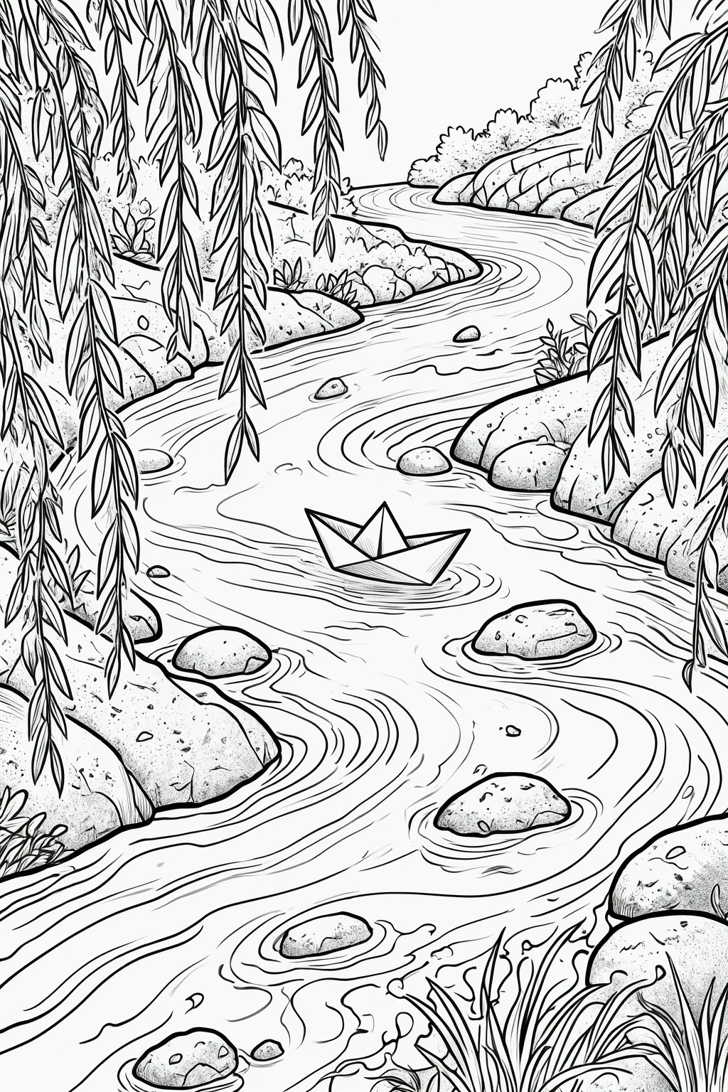 Black and white detailed coloring page of a winding river with rocks, hanging tree branches, and a paper boat floating on the water, designed as a printable coloring page scene with coloring sheets