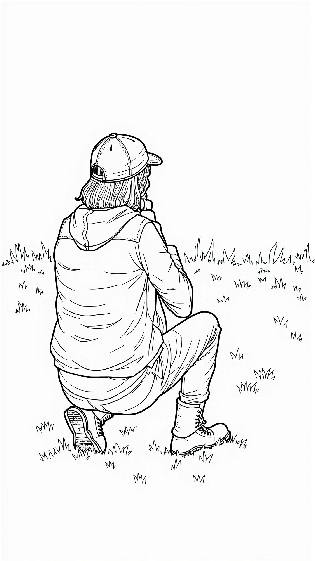Back-view of a person sitting on grass wearing a cap black-and-white detailed coloring page for kids' coloring page, printable coloring page and coloring sheets, suitable as detailed coloring page and