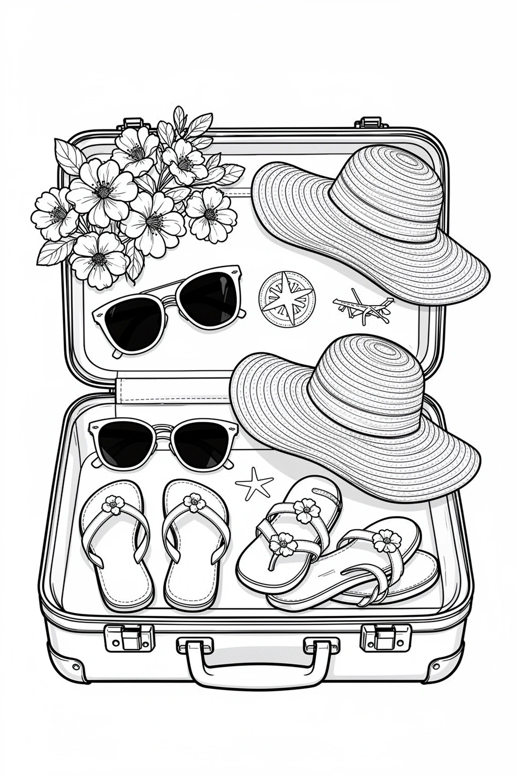Black-and-white printable spring break suitcase coloring page with flowers and travel accessories.