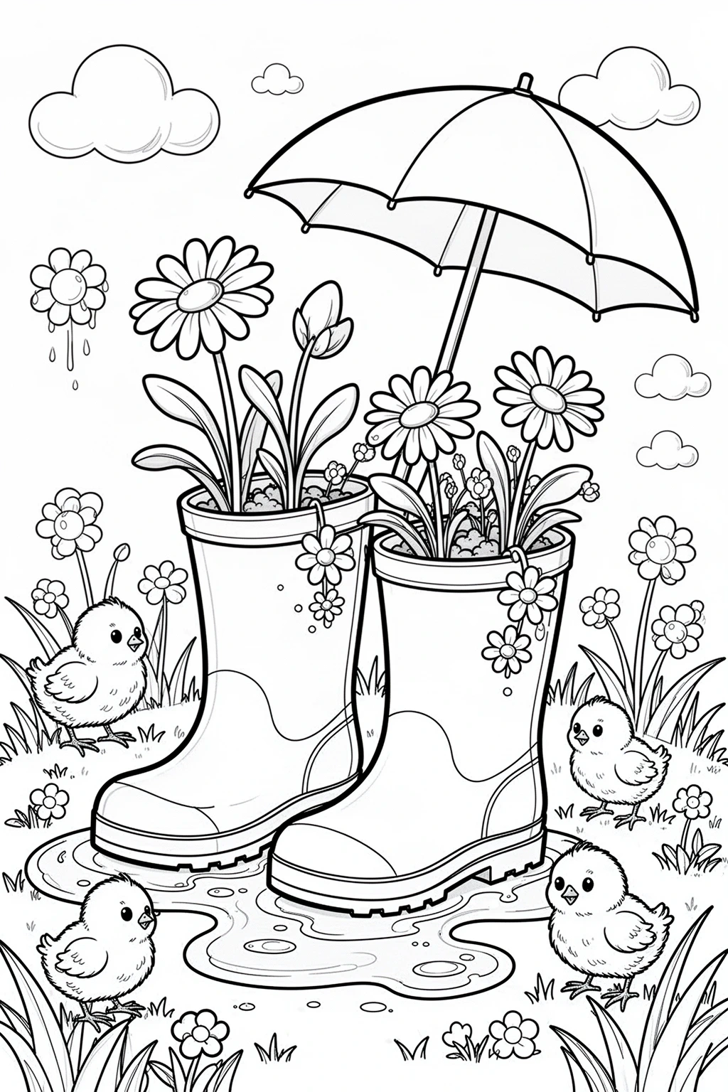 Detailed coloring page of rain boots used as flower planters with daisies, puddles, umbrella, and chicks.