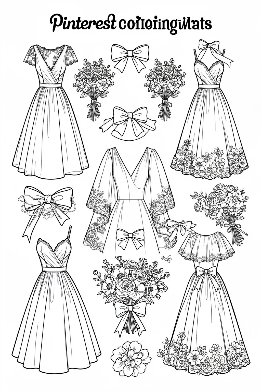 Black and white coloring page of black-and-white printable spring dress inspiration sheet with florals, bows, and elegant motifs