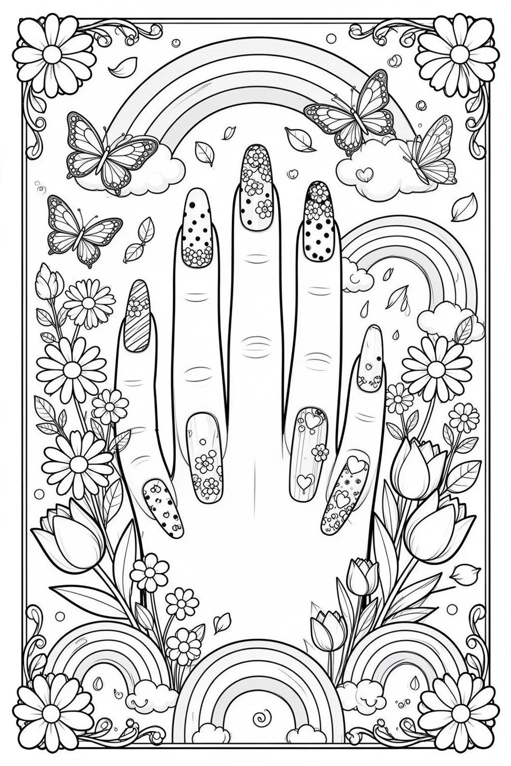 Spring Nail Ideas coloring page for Floral Nail Art Fun.