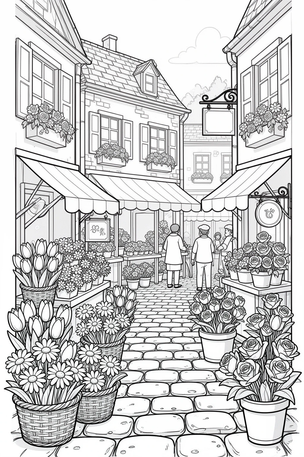 Spring Flower Market coloring page for Charming Buildings.