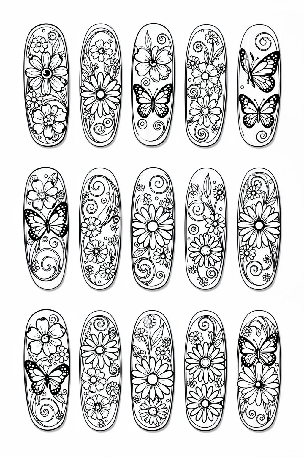Black-and-white printable coloring page inspired by spring nail art with flowers and butterflies.