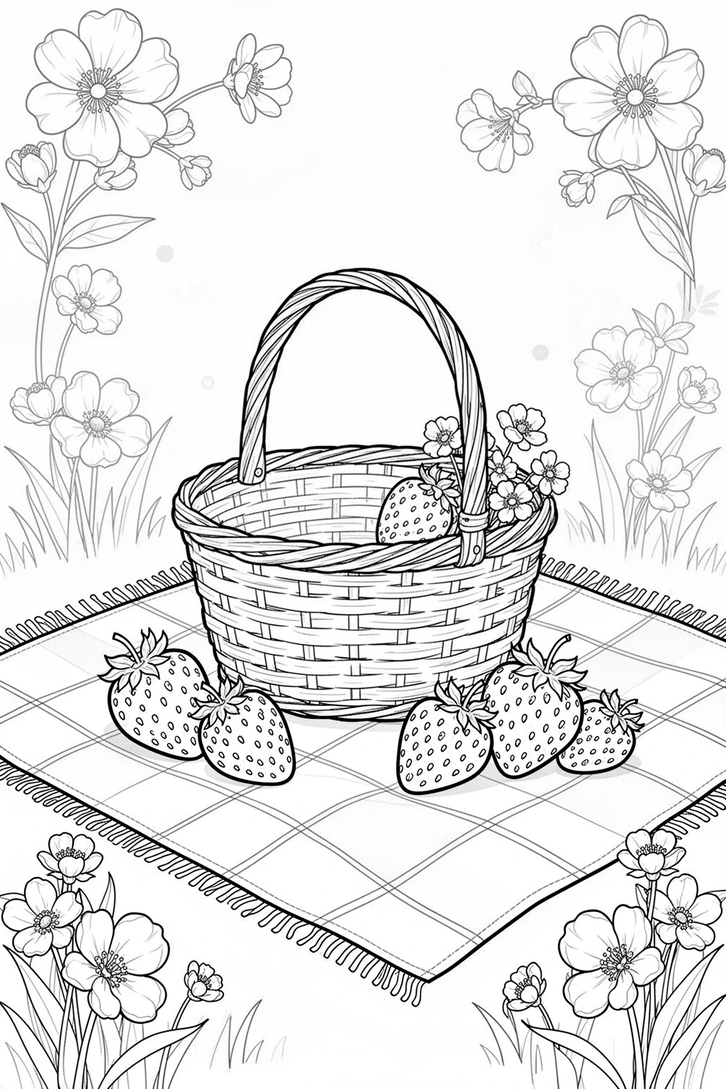 Black-and-white coloring page of spring picnic coloring page.