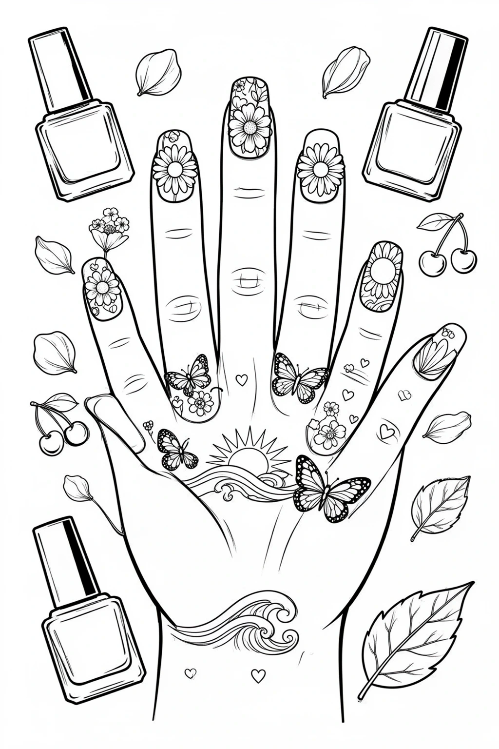Spring Summer Nails coloring page for Seasonal Nail Art Fun.