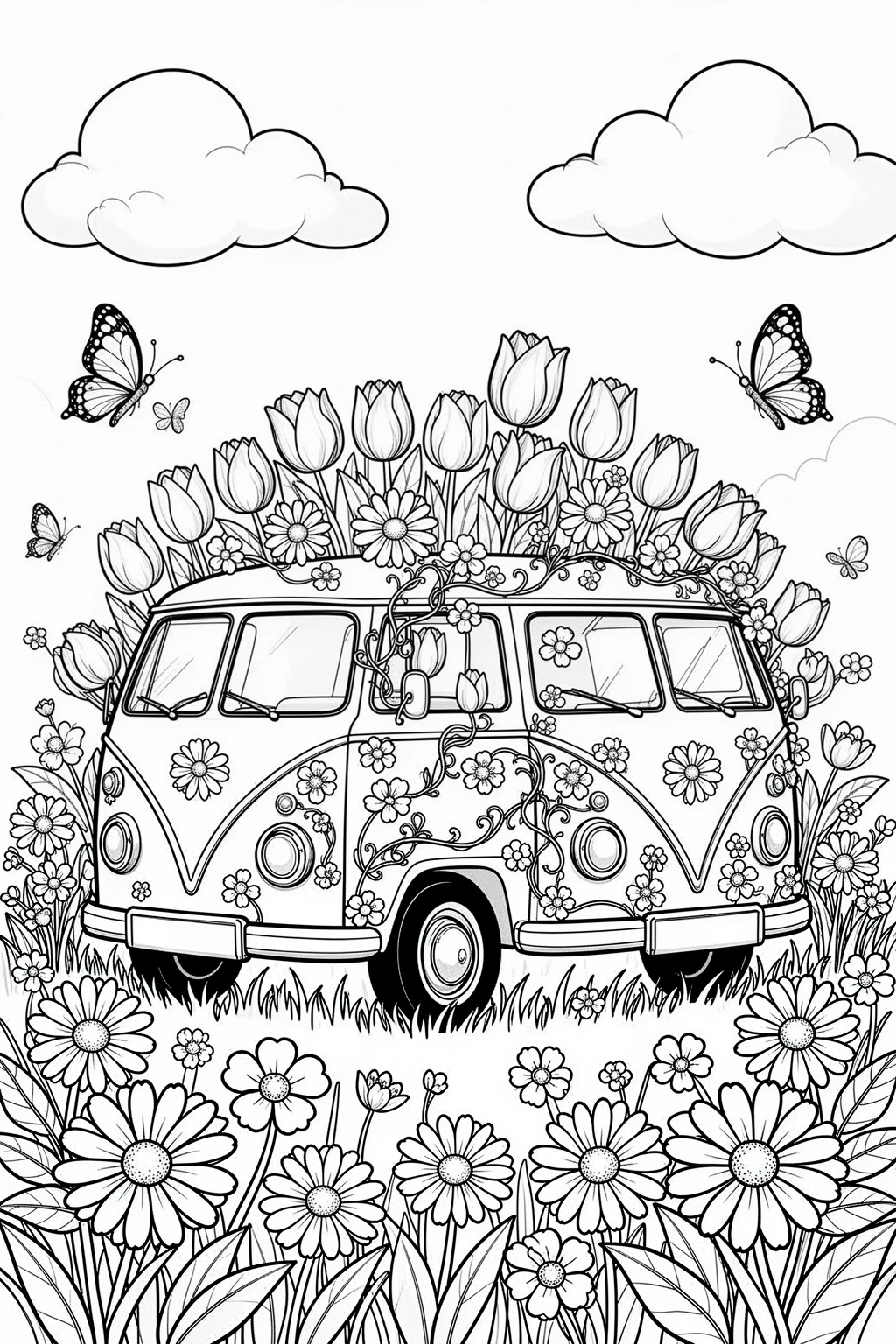 Detailed coloring page of a spring floral van covered in tulips, daisies, butterflies, and meadow details.