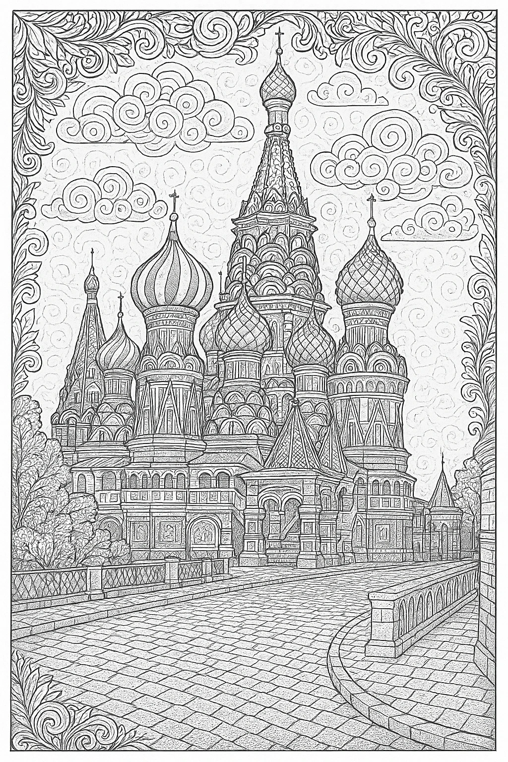Intricate black-and-white cathedral coloring page featuring onion domes and ornate details detailed coloring page, kids' coloring page, printable coloring page, coloring sheets.