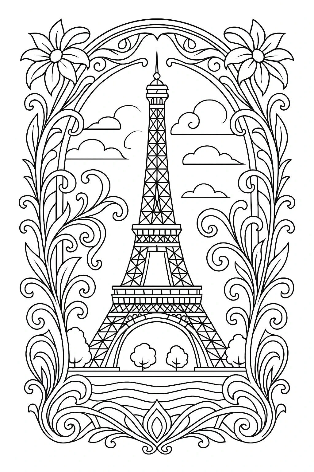 Line-art Eiffel Tower surrounded by floral swirls and clouds a detailed coloring page design ideal for kids' coloring page, printable coloring page, and printable coloring sheets.