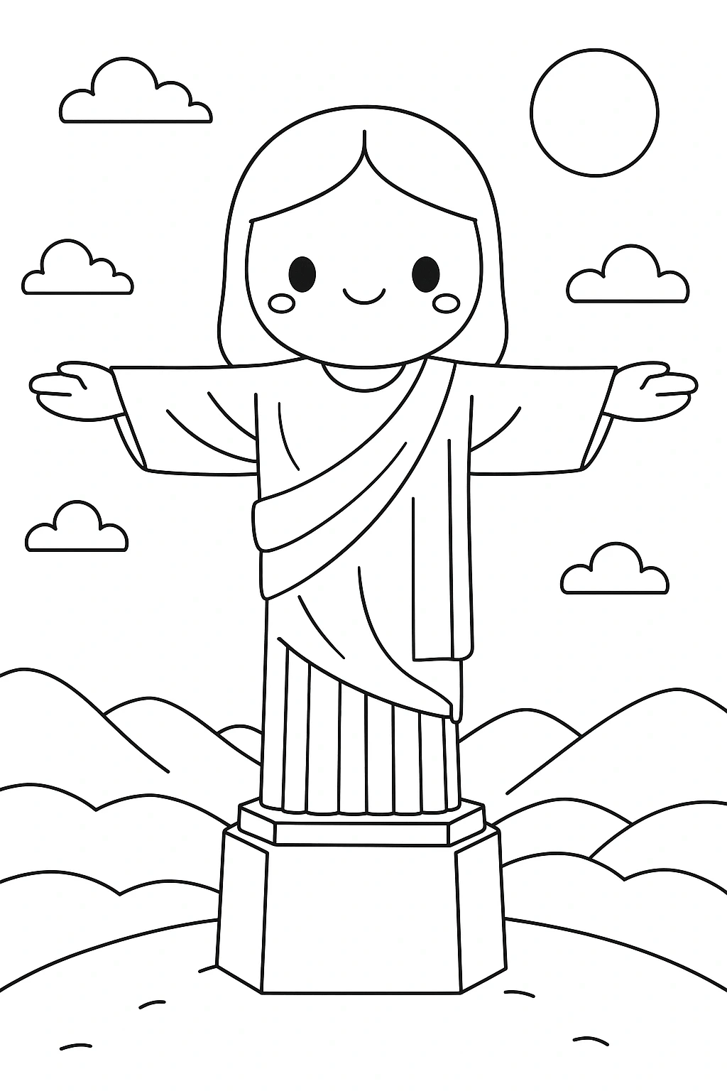 Black-and-white statue people coloring page line art detailed coloring page for kids' coloring page, printable coloring page and coloring sheets, simple clouds and sun scene for spring and summer.