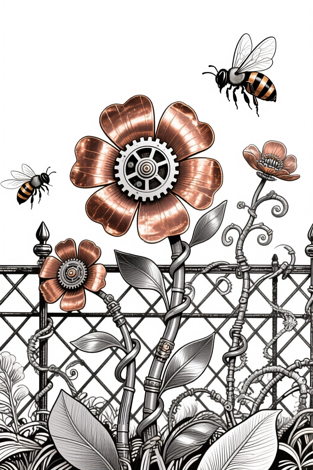 Steampunk copper flower with bees a detailed coloring page printable showing metallic petals, gears, vines and fence; perfect kids' coloring page, coloring sheets and printable coloring page.