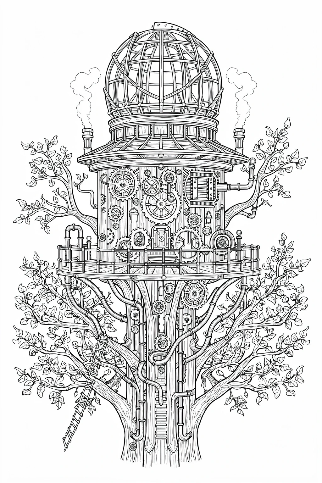 Steampunk treehouse observatory line art with gears, pipes, ladders and leafy branches detailed coloring page, kids' coloring page, printable coloring page, coloring sheets, mandala-like patterns for