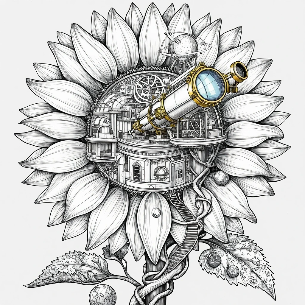 A detailed black and white steampunk sunflower observatory with a telescope in the center, perfect for detailed coloring page, kids' coloring page, printable coloring page, and coloring sheets. This