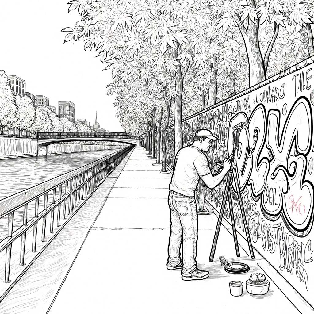 Black-and-white line art of a person painting graffiti on a long wall beside a river walkway with trees detailed coloring page, kids' coloring page, printable coloring page, coloring sheets, people.