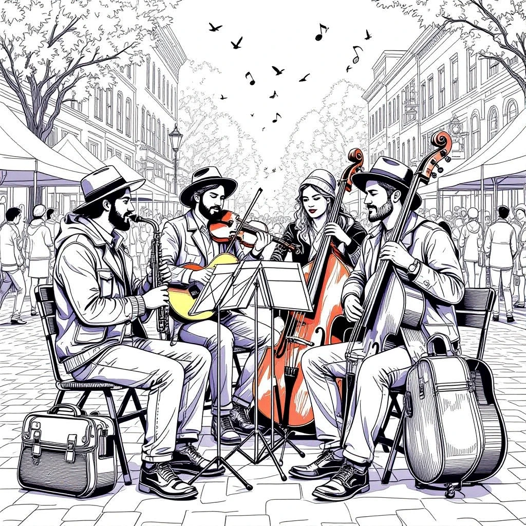 Black-and-white street musicians scene violin, cello, saxophone and double bass ready for coloring. This printable coloring page features detailed coloring page, kids' coloring page, coloring sheets