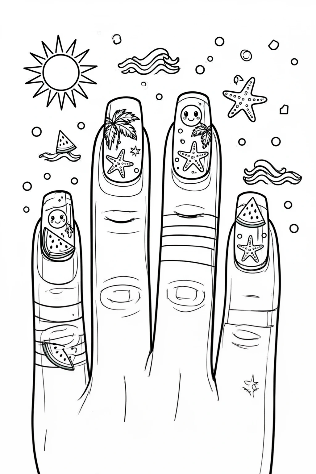 Fun Summer Nails coloring page: Cute Nail Art & Summer Vibes.