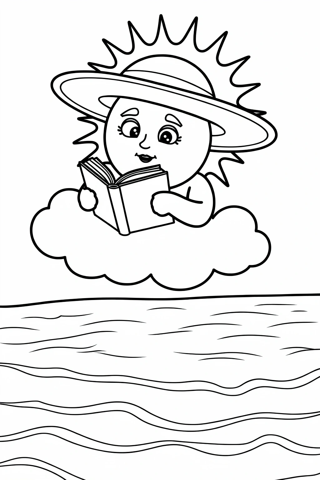 Black-and-white coloring page of a sun with a hat reading a book on a cloud over water printable coloring page style, detailed coloring page, kids' coloring page, coloring sheets.