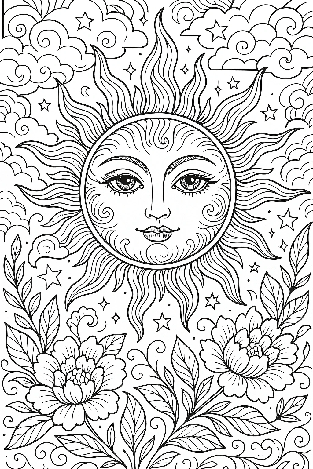 Sun face mandala surrounded by clouds, stars and flowers detailed coloring page for kids' coloring page and adult use; printable coloring page and coloring sheets for spring, summer and mandala fans.
