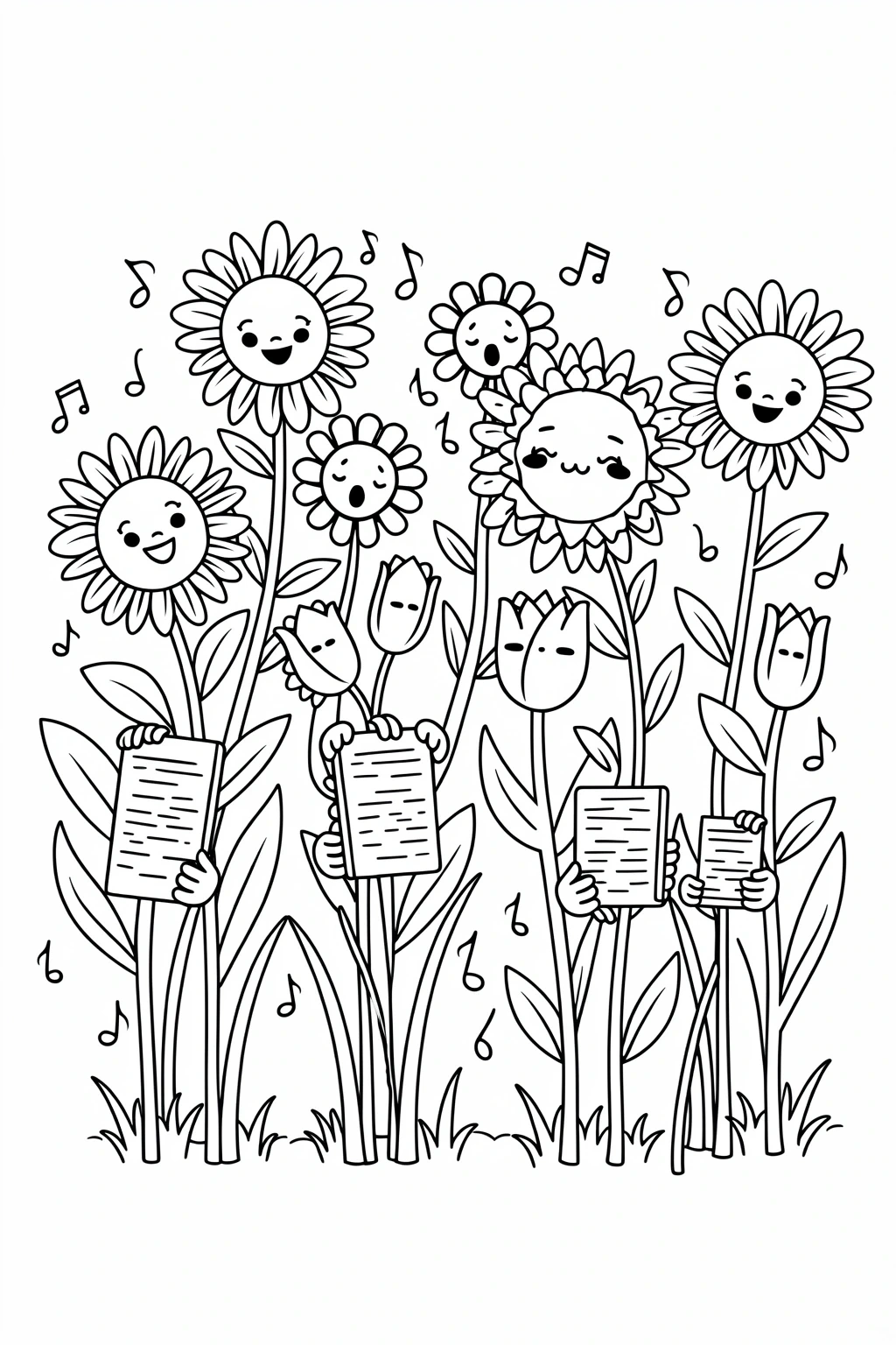 Black-and-white printable of smiling sunflowers and tulips singing from songbooks detailed coloring page, kids' coloring page, printable coloring page, coloring sheets for spring and summer.