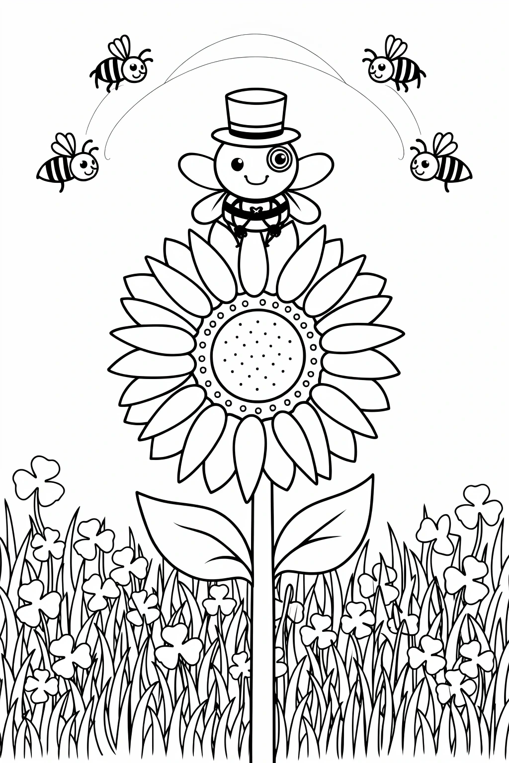 Black-and-white printable coloring page of a large sunflower in grass with clover, a cute bee wearing a top hat sitting on the flower and four smiling bees flying above; clear bold outlines make it