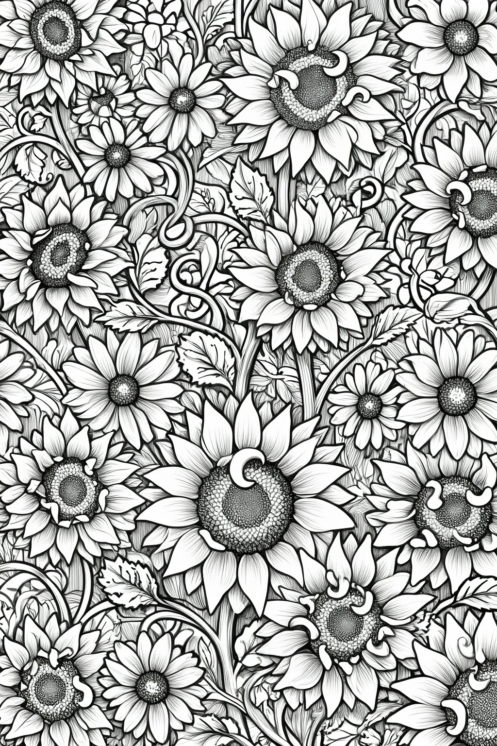 Black and white sunflower floral pattern with many detailed blooms, leaves, and swirling vines, designed as detailed coloring page, kids' coloring page, a printable coloring page, and coloring sheets.
