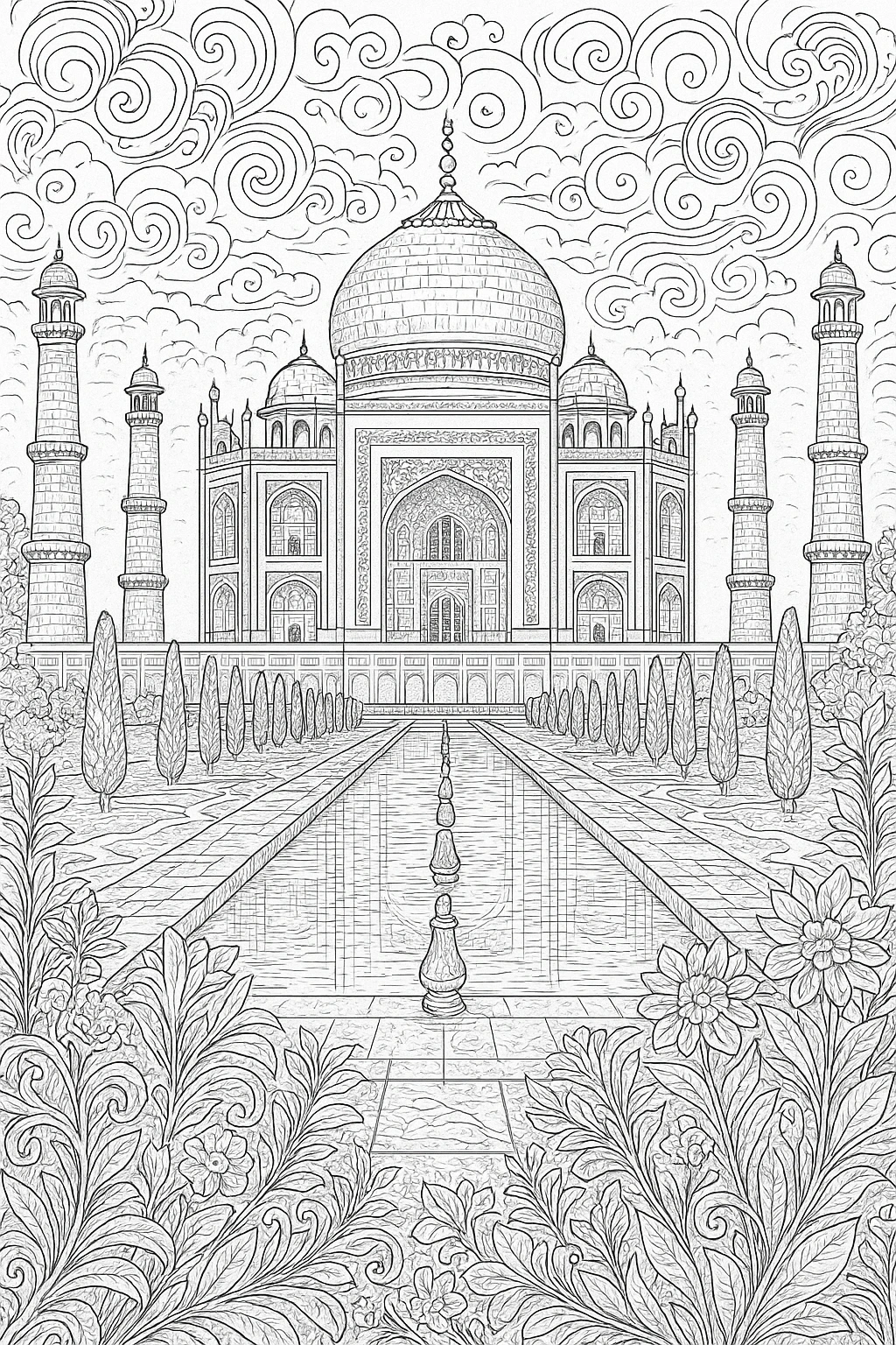 Intricate line art of a famous domed monument with tall minarets, symmetrical gardens and a central reflecting pool; a printable coloring page filled with detailed coloring page, kids' coloring page