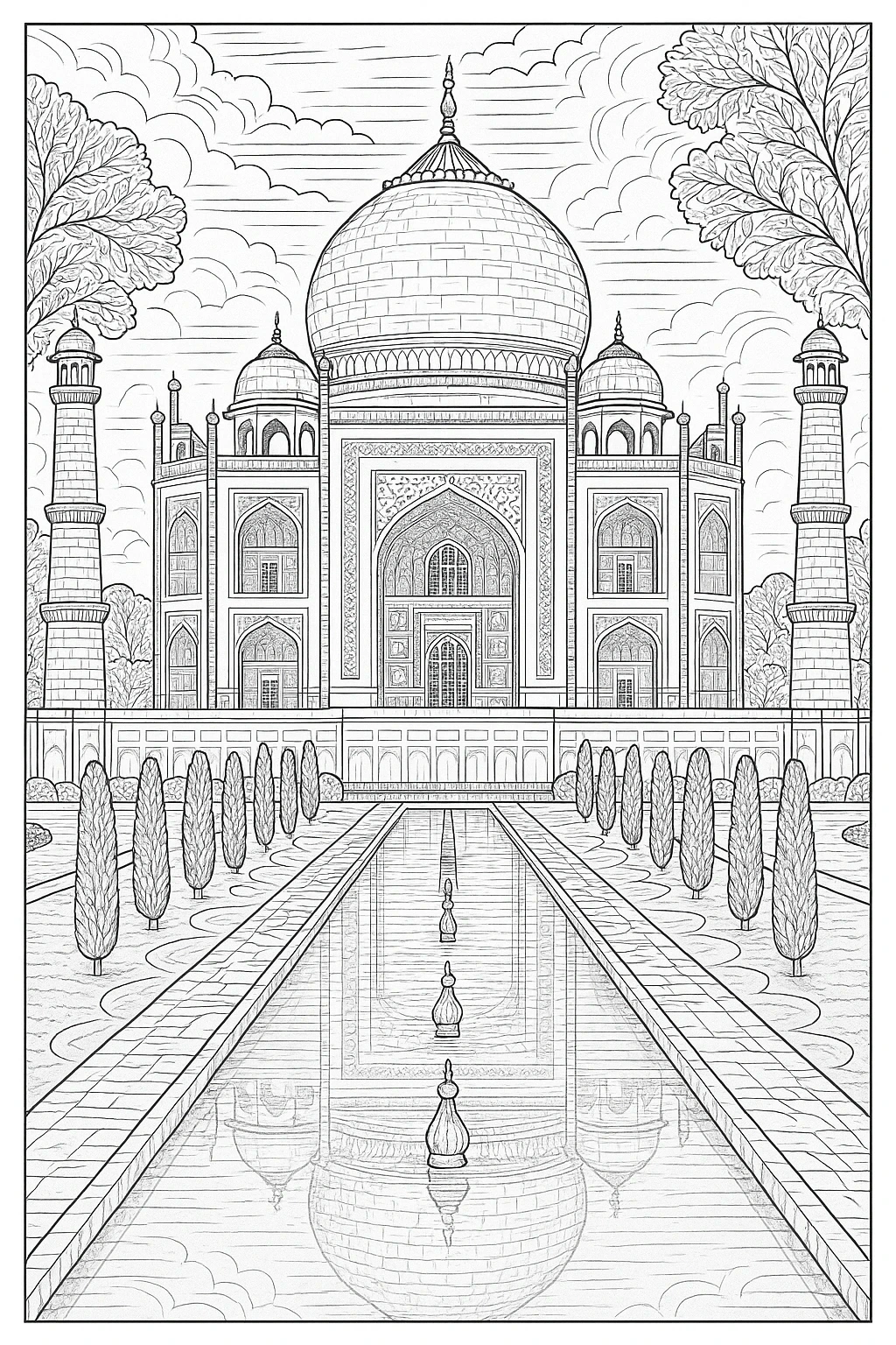 Line-art Taj Mahal detailed coloring page: a printable coloring page style architectural scene with reflecting pool, trees and domes; perfect kids' coloring page and coloring sheets for a calm