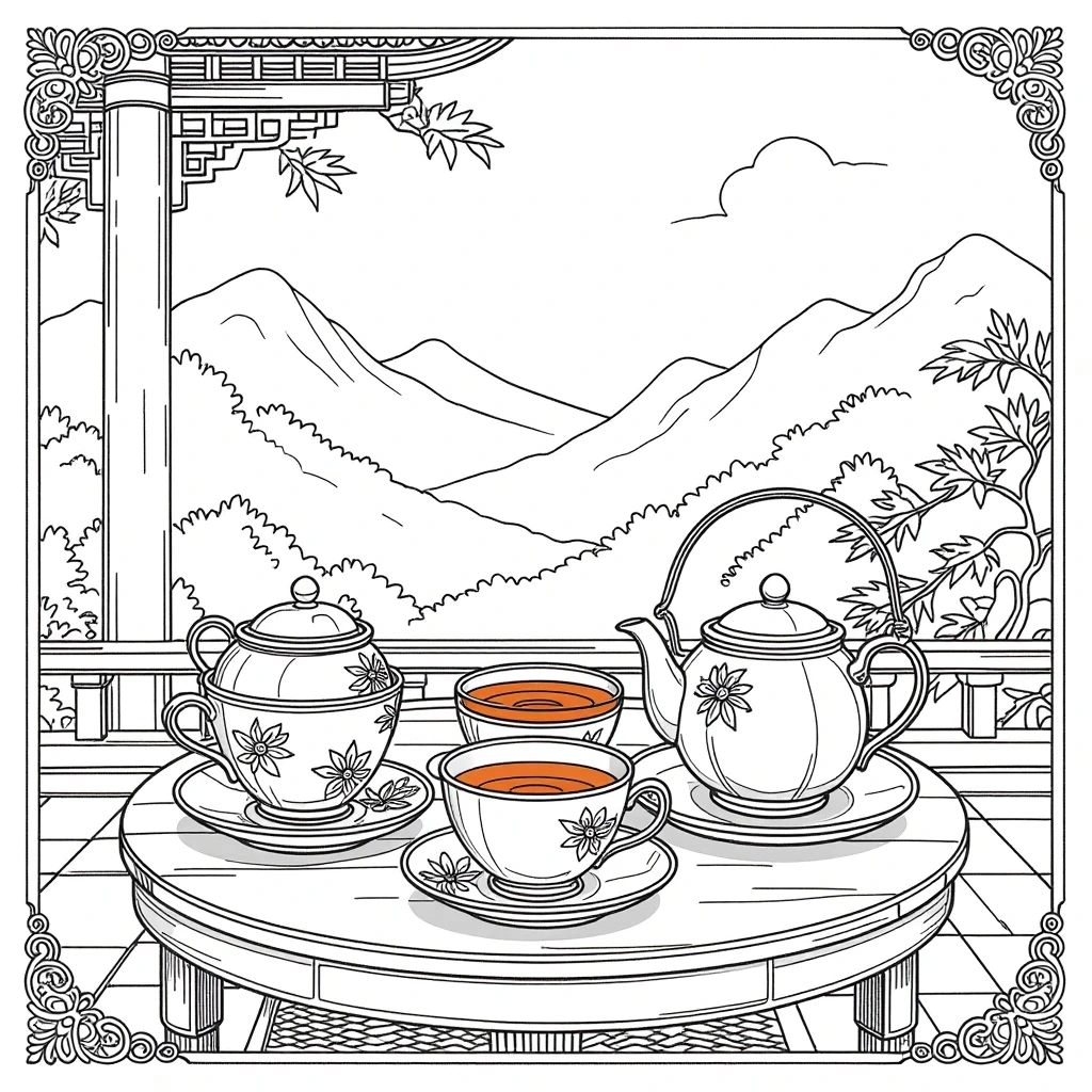 Black-and-white tea set on a round table with mountains in the background, floral border detailed coloring page, kids' coloring page, printable coloring page, coloring sheets.