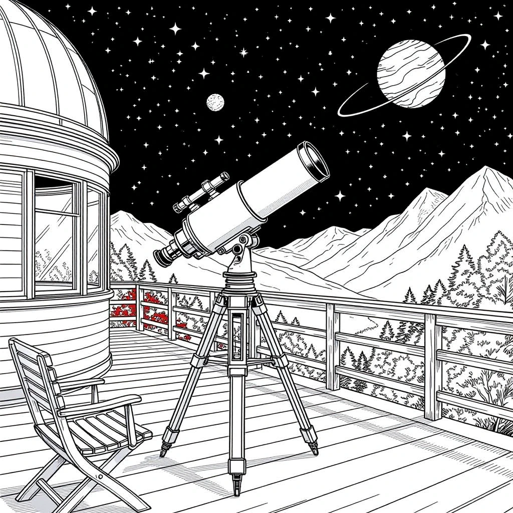 Black-and-white observatory deck with a telescope under a starry sky for detailed coloring page, kids' coloring page, printable coloring page and coloring sheets.